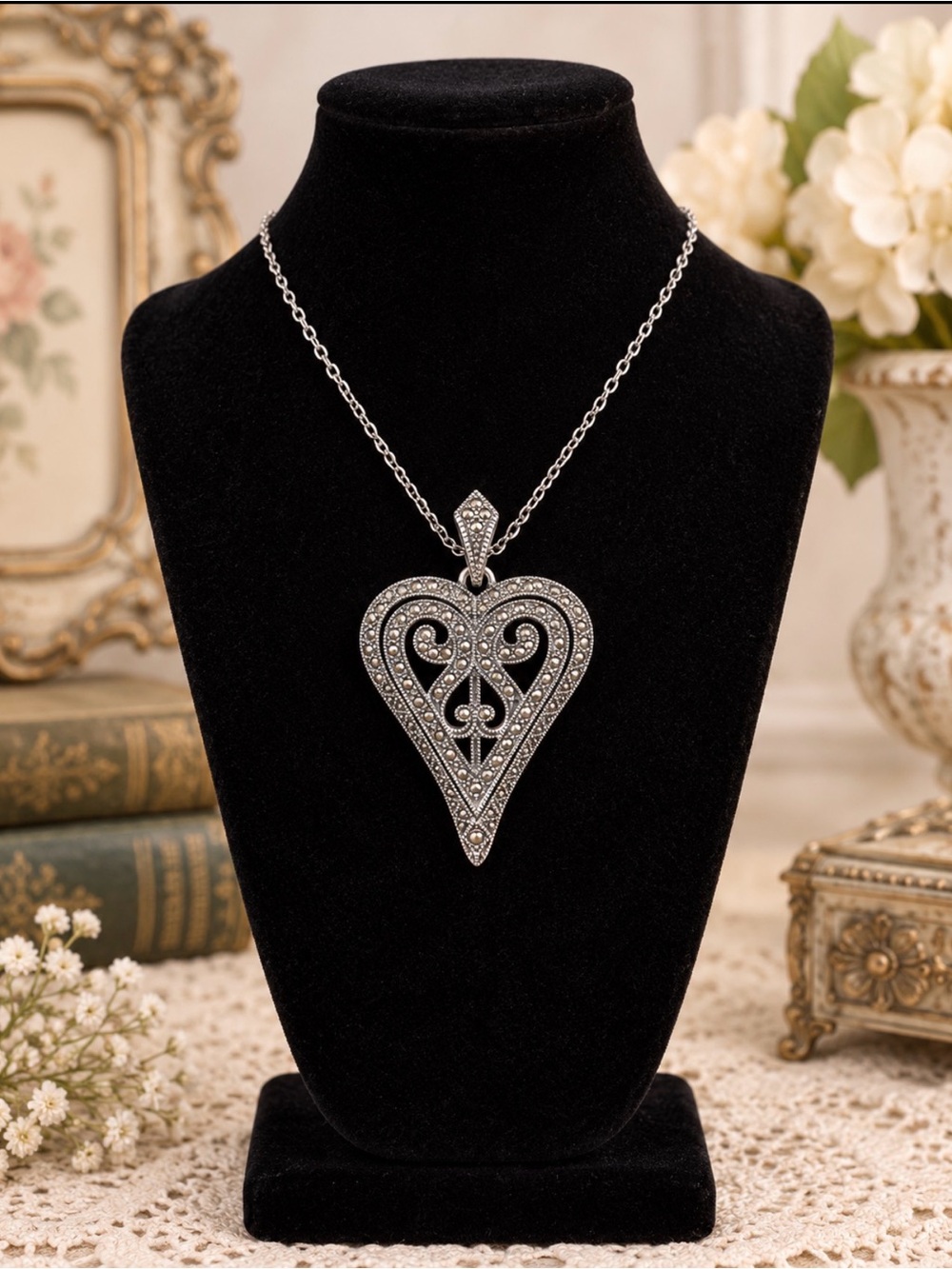 Pendant 925 Sterling Silver Heart Filigree & Marcasite Design Necklace